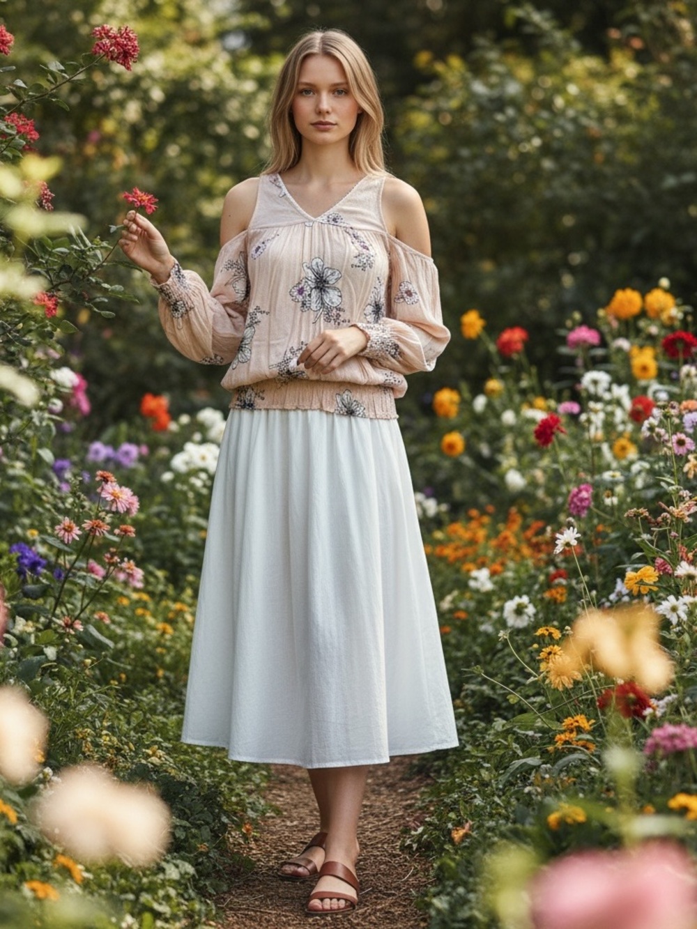 love on a hanger Blush Floral Cold-Shoulder Blouse with White Skirt